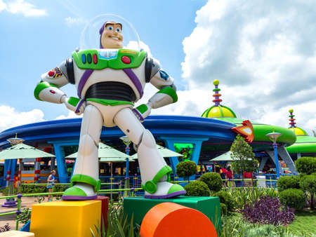 ORLANDO, FLORIDA  July 1st, 2018  Buzz Lightyear in front of Alien Swirling Saucers in Toy Story Land in Hollywood Studios, Walt Disney World, grand opening June 30th 2018.のeditorial素材