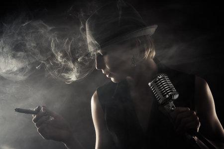jazz singer with cigar and microphone