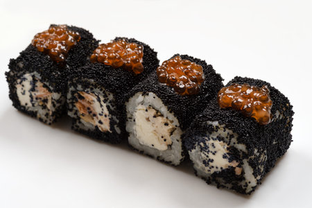 fresh rolls with black caviar isolated on white backgroundの写真素材
