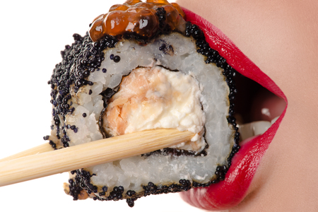 sensual lips with roll with black caviarの写真素材