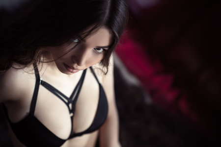 Beautiful brunette in sexy black braの写真素材