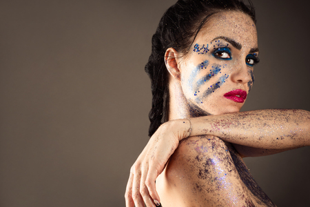 sensual brunette woman with bright makeupの写真素材