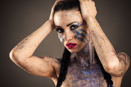 beautiful makeup with rhinestones closeupの写真素材