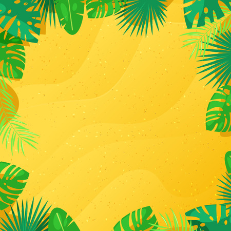 Tropical palm leaves and yellow sand texture background. Vector frame with place for text.のイラスト素材