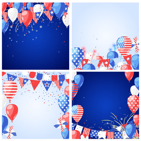 Set of USA holiday vector backgrounds and frames. 4 of July USA Independence Day greeting card or banner template.のイラスト素材