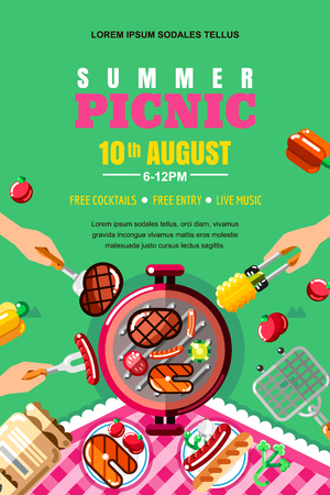 Summer barbecue picnic, vector poster, banner layout. Top view BBQ grill with steak, fish and human hands with forks and food. Outdoors weekend and holiday background.のイラスト素材