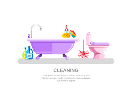 Bathroom and sanitary engineering cleaning. Vector isolated illustration of bath tub, toilet, cleaning tools and detergents. Housework concept.のイラスト素材