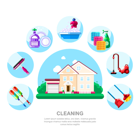 House cleaning service and housework concept. Cottage, household tools and supplies, vector illustration.のイラスト素材