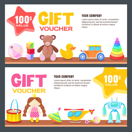 Gift card, voucher, certificate or coupon vector design layout. Discount banner template for kids toys store.のイラスト素材