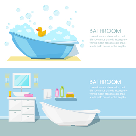 Bathroom modern interior, vector banner template. Bathtub, furniture, hygiene goods and other design elements.のイラスト素材