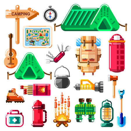 Camping icons and isolated design elements set. Vector camp stuff, equipment and tools.のイラスト素材
