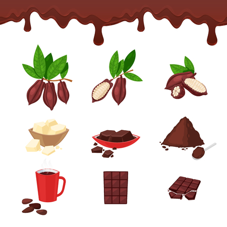 Cocoa and chocolate, vector cartoon design elements and icons set. Cacao beans, sweet bar, powder and cup illustration.のイラスト素材