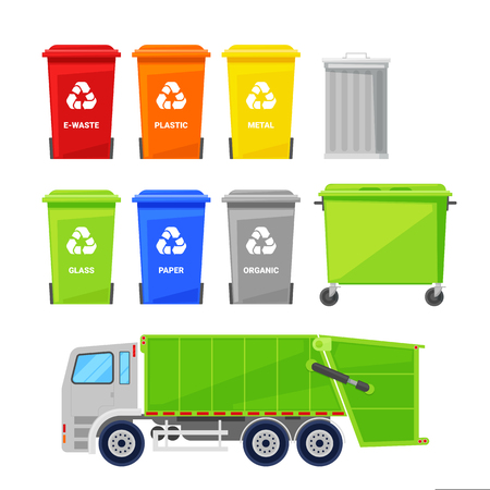 Sorting and recycling waste. Garbage multicolor baskets, bin, container and garbage truck, vector flat icons set.のイラスト素材