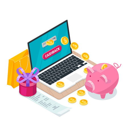 Cashback concept. Vector isometric 3d illustration. Money icons for cash back, commerce or transfer payments online service.のイラスト素材