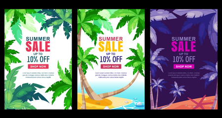 Summer sale vertical banner set. Vector season poster template. Tropical day and night backgrounds with green palm leaves frame.のイラスト素材