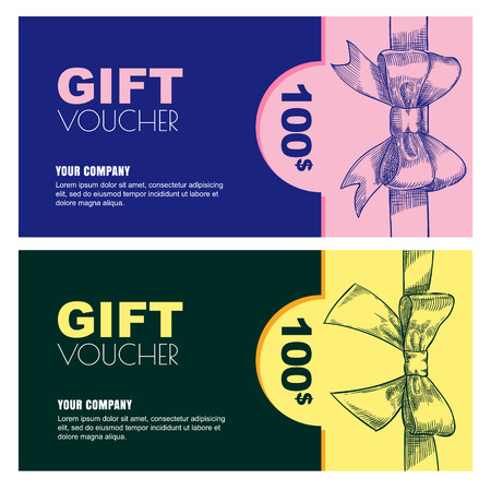 Gift card, voucher, certificate or coupon vector design layout. Discount banner template for holidays greetings. Bow ribbon sketch background.のイラスト素材