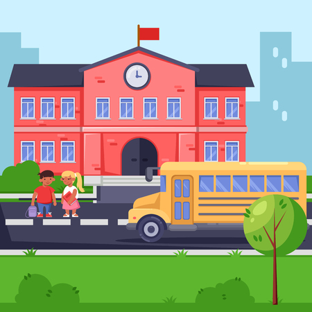 Back to school, vector flat illustration. School building, yellow bus and children. Pupils with backpacks and books going to lessons.のイラスト素材
