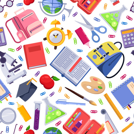 Back to school vector seamless pattern. Colorful education stationery supplies and tools. Fashion textile print or background design.のイラスト素材