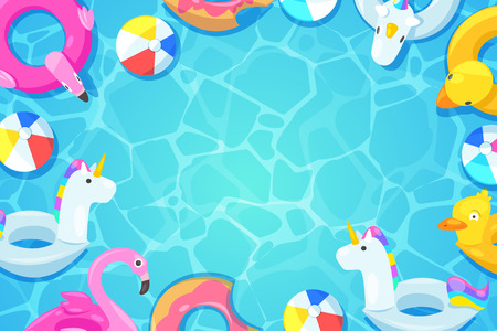 Swimming pool frame. Colorful floats in blue water, vector cartoon illustration. Kids inflatable toys flamingo, duck, donut, unicorn. Summer fun background.のイラスト素材
