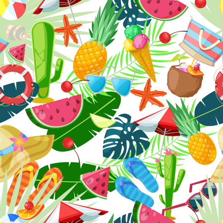 Summer cute seamless pattern. Vector cartoon illustration. Summertime travel, tourism and vacation background. Fashion textile print design.のイラスト素材