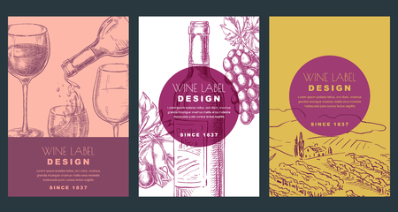 Wine label design template. Sketch vector illustration of bottle, glass, grapes and vineyard field. Backgrounds set.のイラスト素材