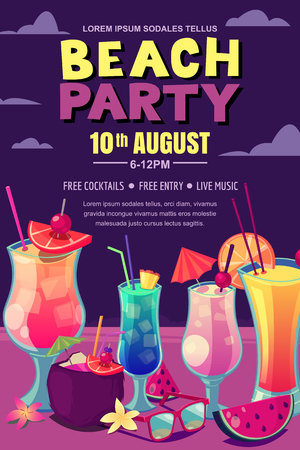 Cocktails party on the night beach. Vector poster, banner layout. Tropical bar background with alcohol cocktails on sand. Cartoon style illustration.のイラスト素材
