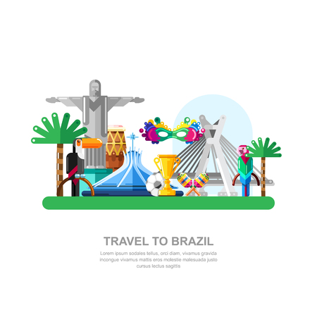 Travel to Brazil vector flat illustration. Brazilian national symbols and landmarks icons and design elements.のイラスト素材