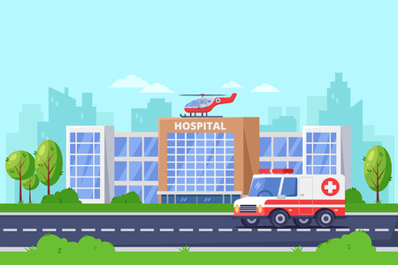 City hospital modern building, vector flat illustration. Clinic medical center, ambulance car and helicopter on roof. Healthcare and medicine design elements.のイラスト素材