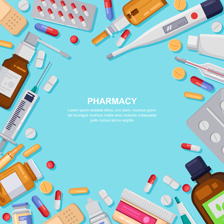 Pharmacy Square Frame With Pills Drugs Medical Bottles