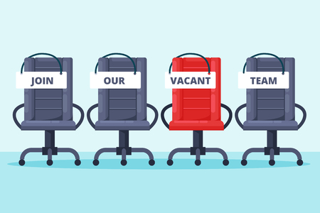 Recruitment and hiring concept. Empty grey and red office chairs with join our team words. Vacancy job vector flat illustration.のイラスト素材