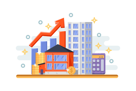 Property investment and mortgage business concept. Real estate objects, cottage house and skyscraper. Vector flat isolated illustration.のイラスト素材
