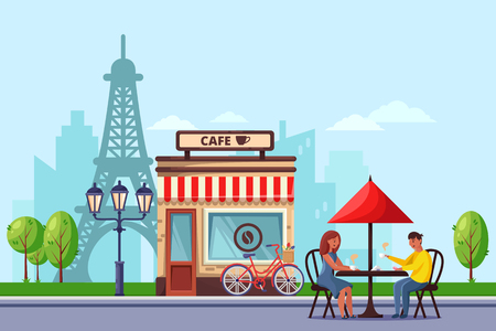 Young couple in Paris street cafe vector flat illustration. Man and woman drinking coffee on romantic dating. Travel to France design concept.のイラスト素材