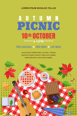 Autumn picnic, vector poster, banner layout. Fall landscape, leaves and food on red checkered plaid, top view illustration. Outdoors weekend and thanksgiving holiday background.のイラスト素材