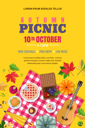 Autumn Picnic Vector Poster Banner Template Fall Leaves And