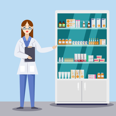 Young female pharmacist showing medicines and pills. Pharmacy or drugstore interior. Vector flat style illustration.のイラスト素材