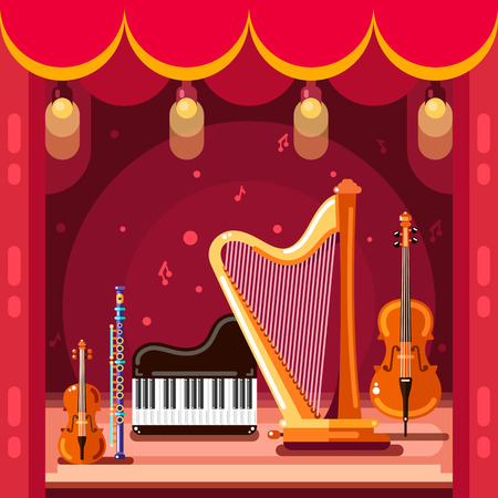 Theatre and classical music concert stage,   flat illustration. Music instruments and spotlights equipment on scene podium. Theater show design elements.のイラスト素材