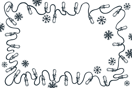 Garland lights and snowflakes border frame, vector sketch illustration. Christmas, New Year simple greeting card background with copy space. Holiday banner design.のイラスト素材
