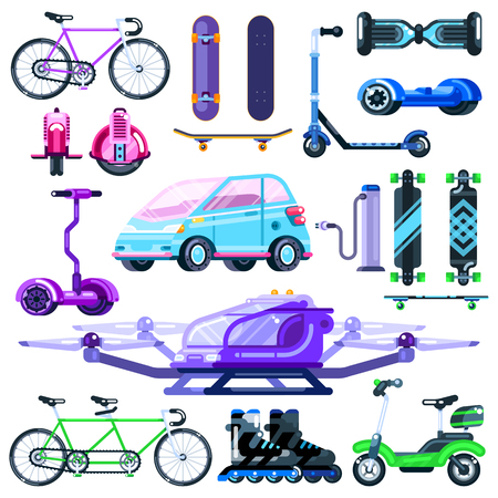 Alternative eco electric transport set.  flat vehicle illustration. Colorful modern devices isolated on white background.のイラスト素材