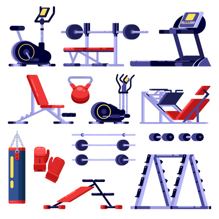 Gym and fitness club equipment set. Training apparatus, vector isolated illustration. Bodybuilding machines icons.のイラスト素材