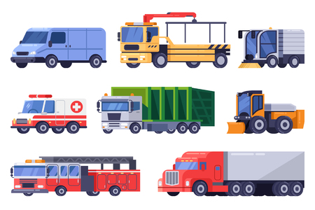 Municipal city road transport and machinery equipment set. Vector flat vehicle illustration. Tow truck, sweeping, machine, snowblower isolated on white background.のイラスト素材