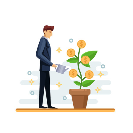 Businessman watering green money tree. Vector flat isolated illustration. Investment and finance growth business concept. Growing plant with golden coins.のイラスト素材