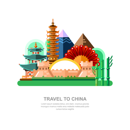 Travel to China vector flat illustration. Chinese wall and other national symbols, landmarks icons and design elements.のイラスト素材