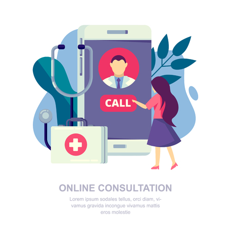 Online medical consultation, mobile app concept. Patient calls a doctor. Vector flat illustration.のイラスト素材