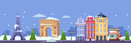 Winter in Paris. Vector flat illustration of cityscape with Eiffel tower, Triumphal Arch and old buildings. Christmas and New Year travel to France.のイラスト素材