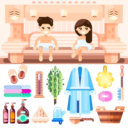 Sauna and bathhouse accessories. Vector flat icons set. Man and woman couple relaxing at the spa.のイラスト素材