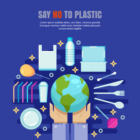 Plastic garbage pollution concept. Say No to plastic vector flat illustration. Ecology and environmental problem banner, poster design.のイラスト素材