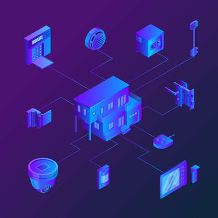 House with connected home security systems. Vector isometric neon gradients illustration. Smart technologies, safety house, control and protection concept.のイラスト素材