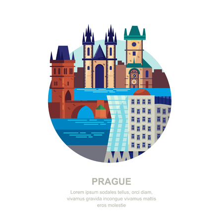 Illustration for Travel to Czech Republic vector flat illustration. Prague city symbols and touristic landmarks. City building icons and design elements. - Royalty Free Image