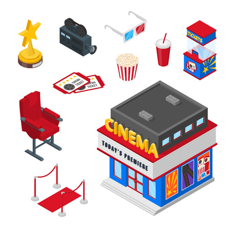 Cinema theater vector 3d isometric icons and design elements set. Tickets, popcorn, red carpet and armchair illustration. Watching movie concept.のイラスト素材