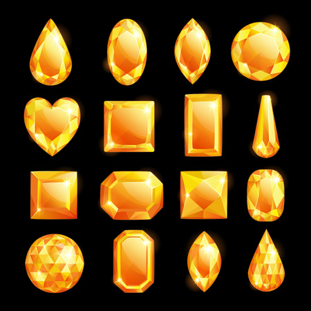 Golden gems, vector cartoon illustration. Set of diamonds and jewels. Shiny precious gemstones design elements.のイラスト素材